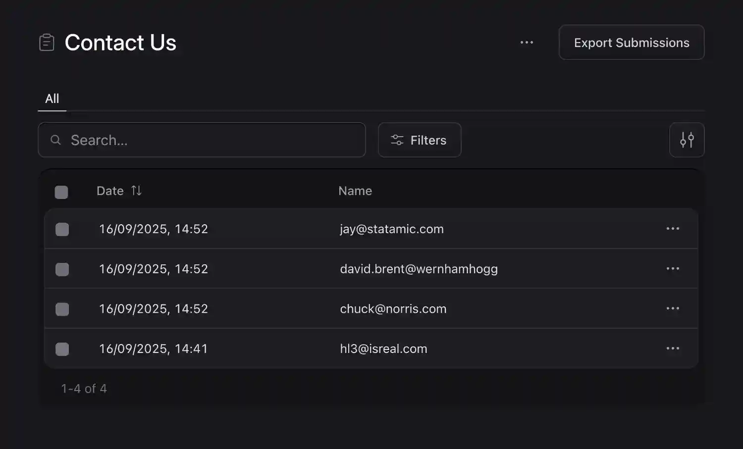 List of form submissions in the control panel