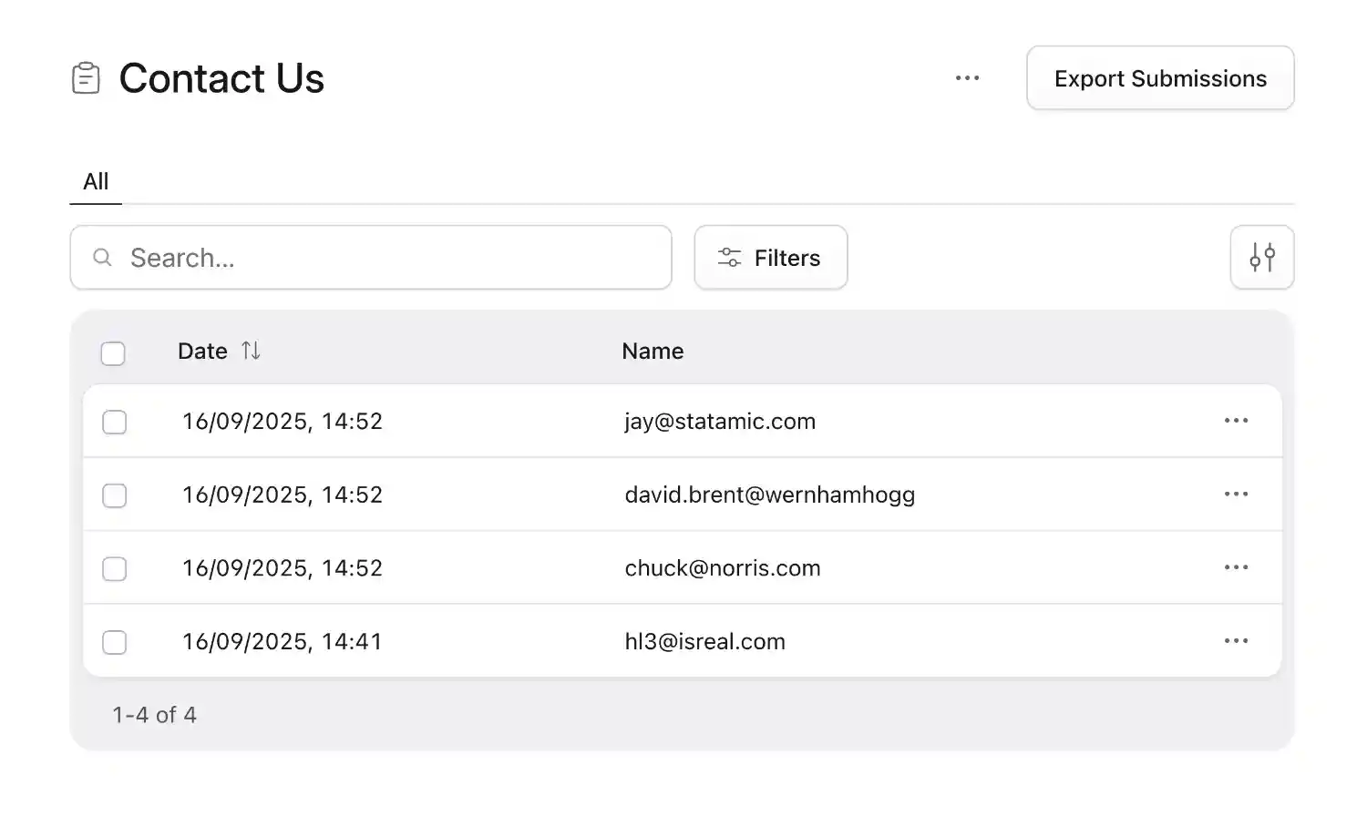 List of form submissions in the control panel