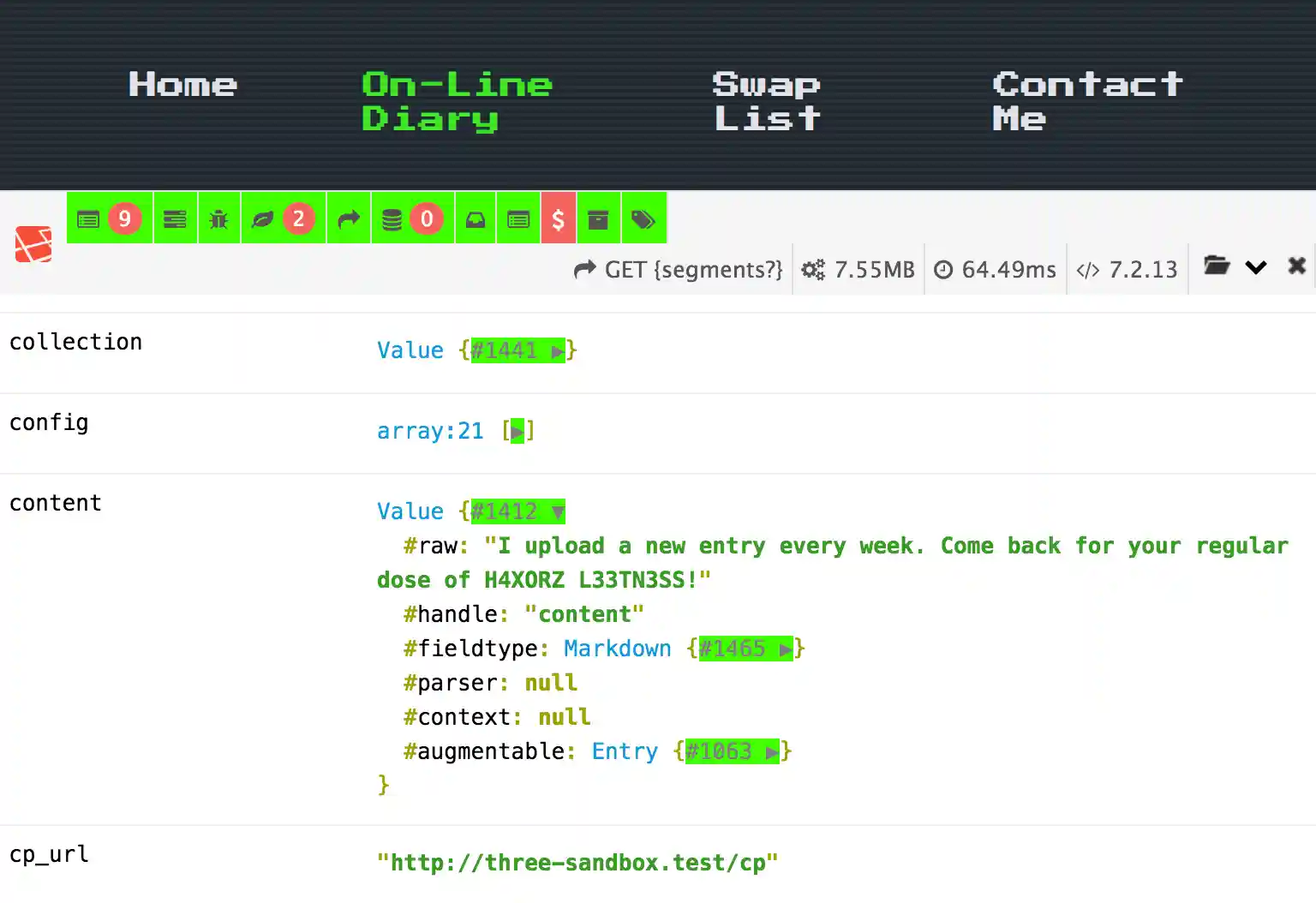 Debug bar showing available variables