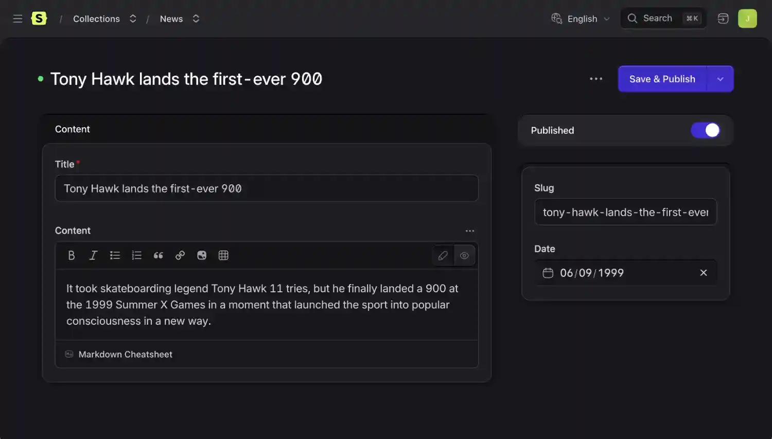 An entry being edited in the Statamic control panel