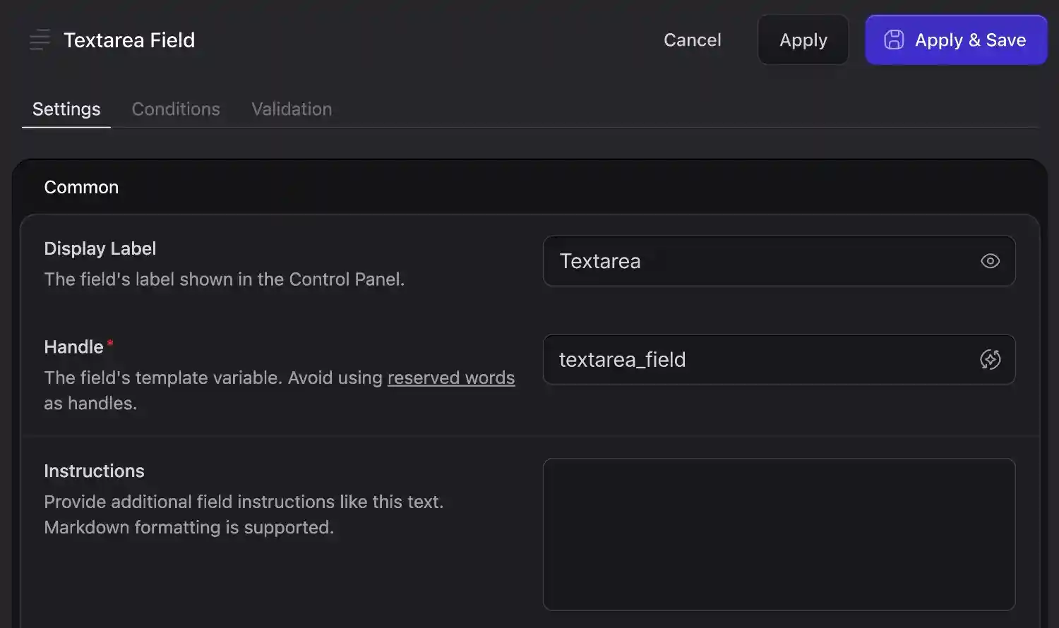 Textarea field settings