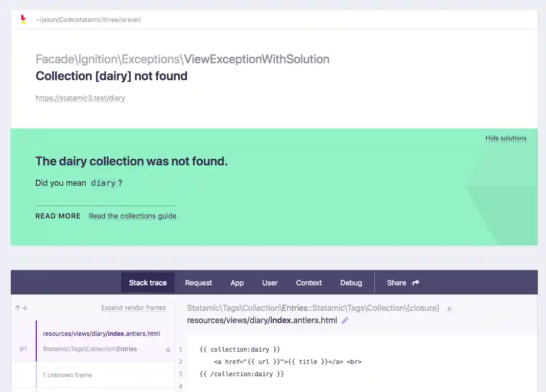 Ignition error screen showing a typo in a collection tag.