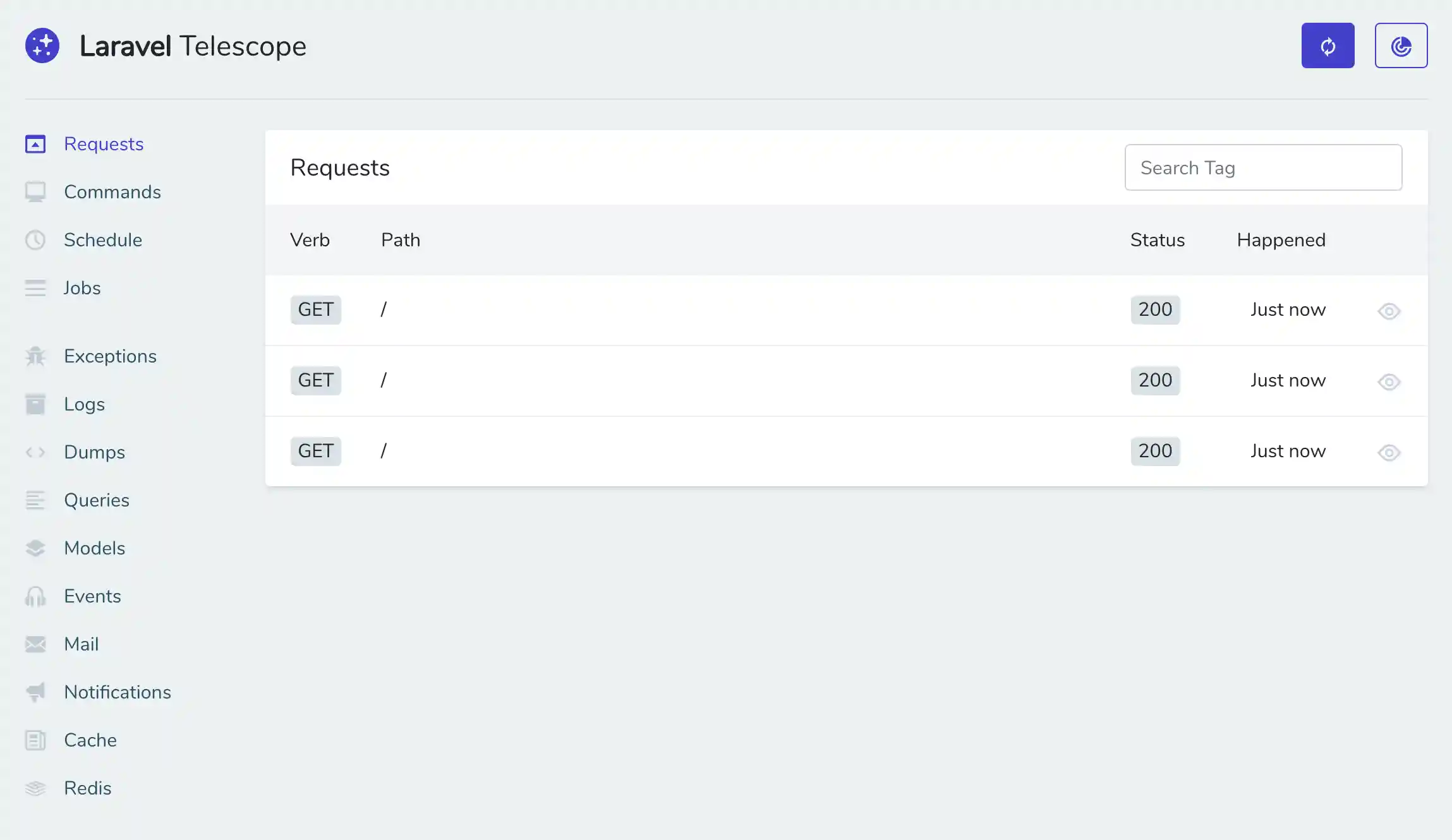 Laravel Telescope showing nothing particularly interesting