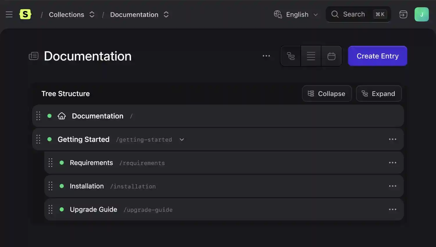 A Statamic structure page tree