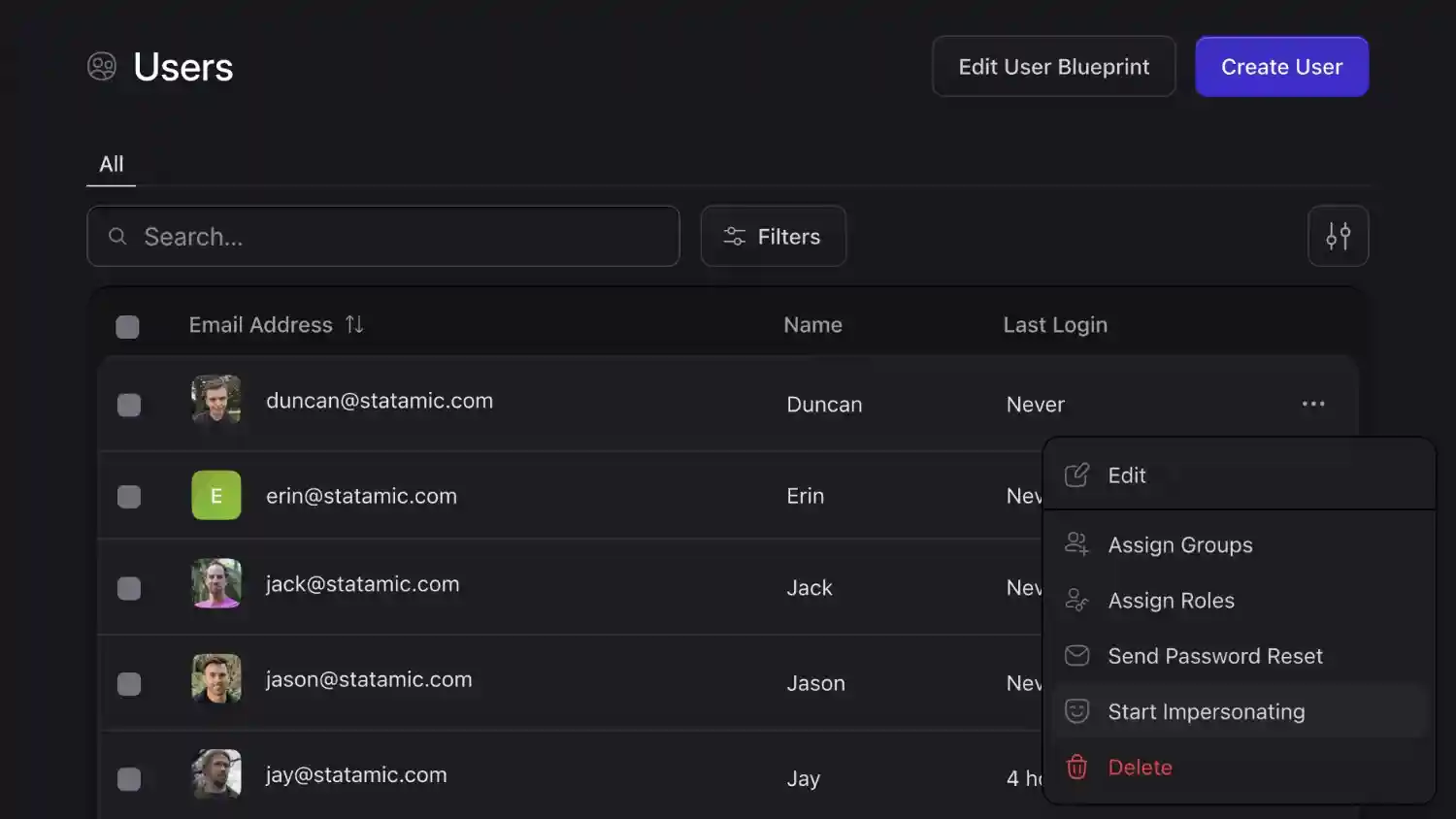List view of Statamic Control Panel users with a dropdown showing various options, one of them being 'Start Impersonation'