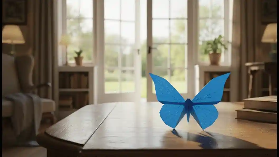Origami butterfly flaps its wings and flies out of the french doors into the garden.