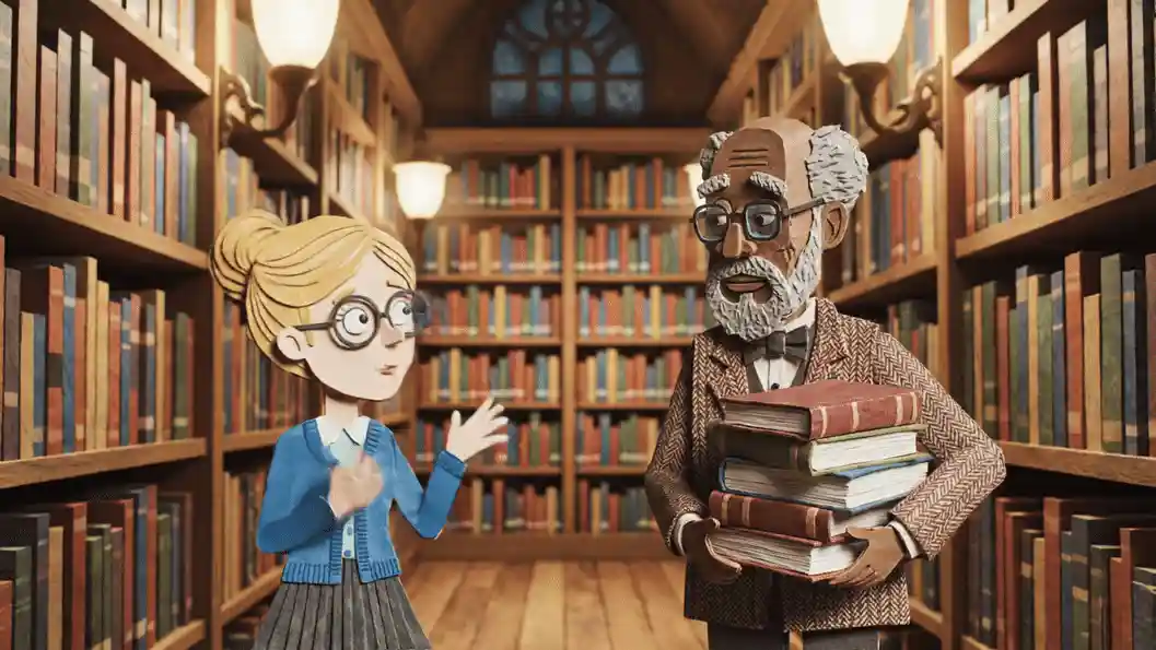 Animated librarians discussing forbidden books