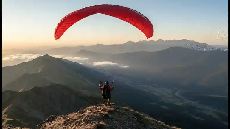 A paraglider takes off from the top of a mountain, then slowly descends