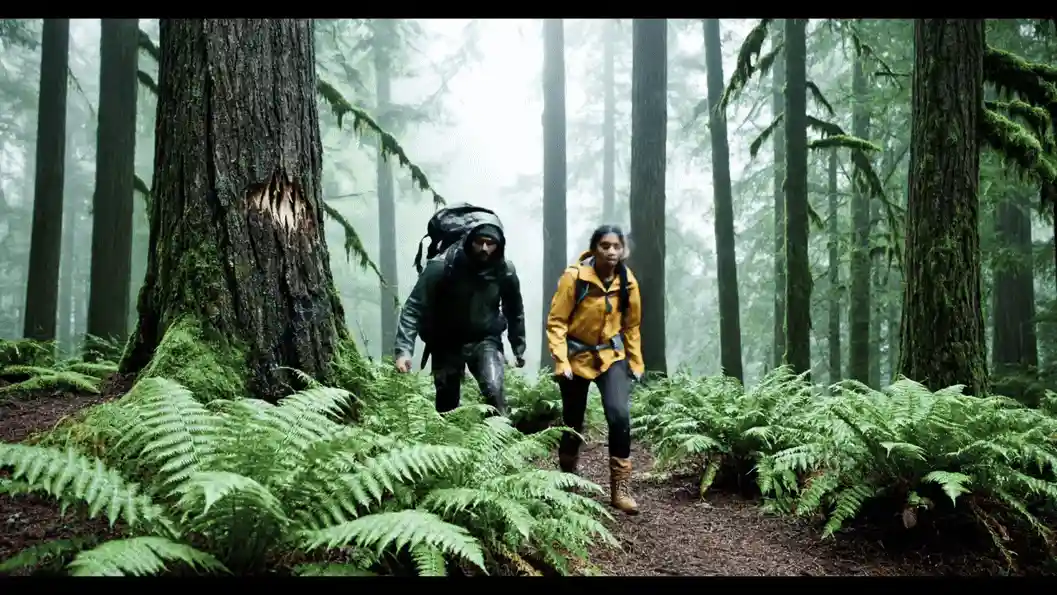 Two people in the woods encounter signs of a bear.