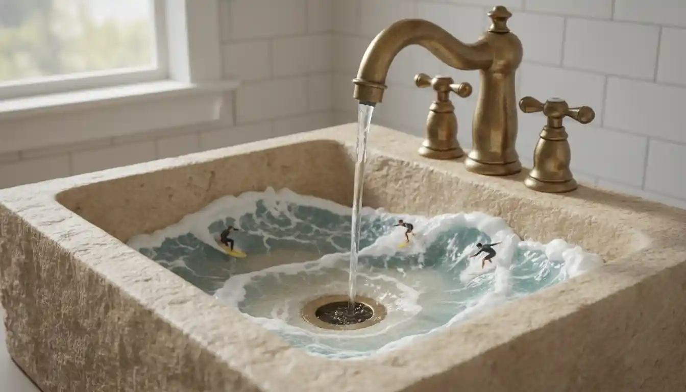 Tiny, miniature surfers riding ocean waves inside a rustic stone bathroom sink.
