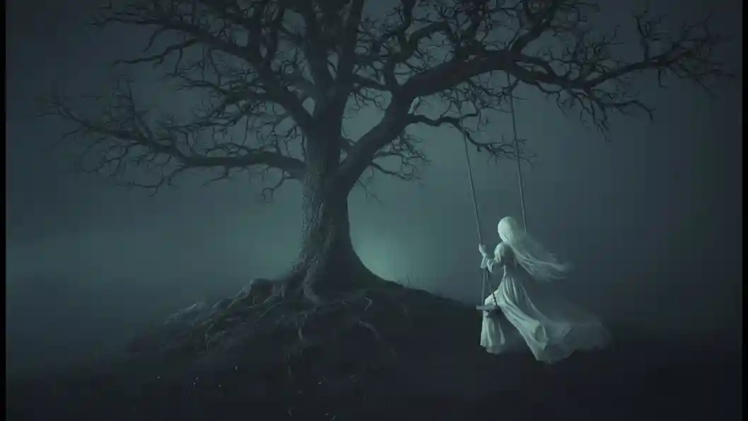 A cinematic, haunting video of an eerie woman disappearing from a swing in the mist