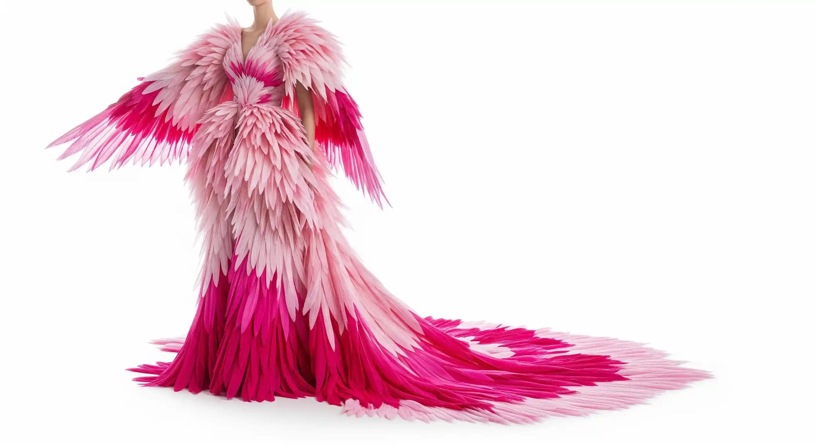 High-fashion flamingo dress with layers of pink and fuchsia feathers