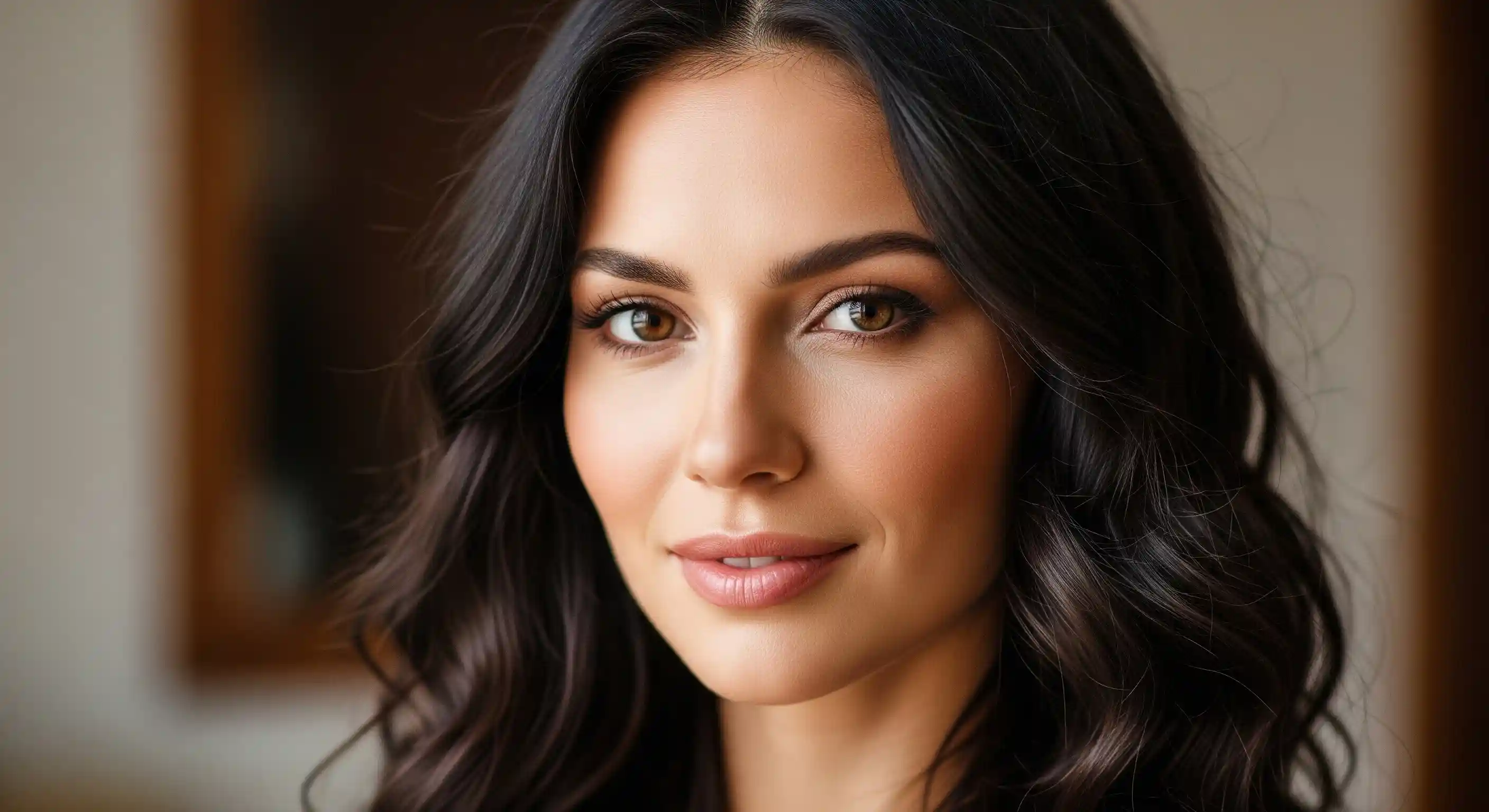 Beautiful woman with dark hair and warm brown eyes