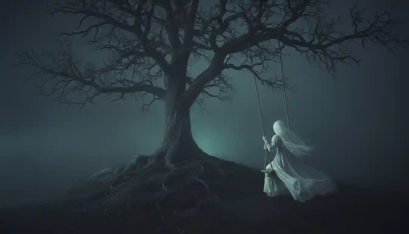 A ghostly woman with long white hair and a flowing dress swings gently on a rope swing