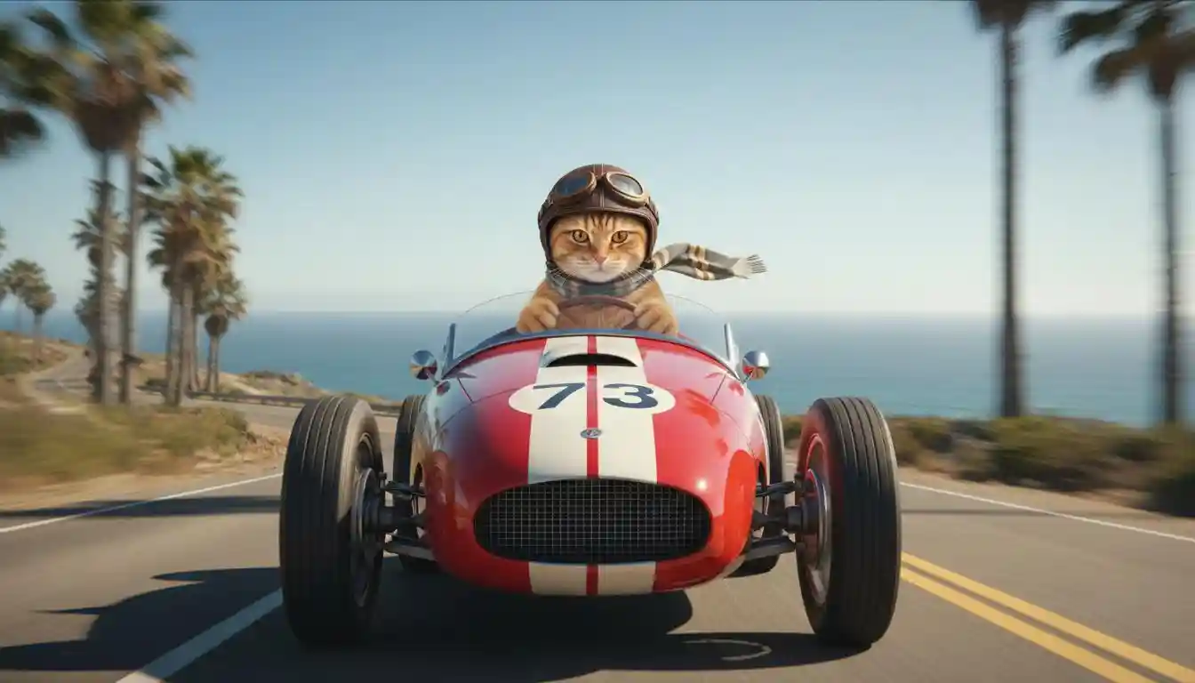 A ginger cat driving a red convertible racing car