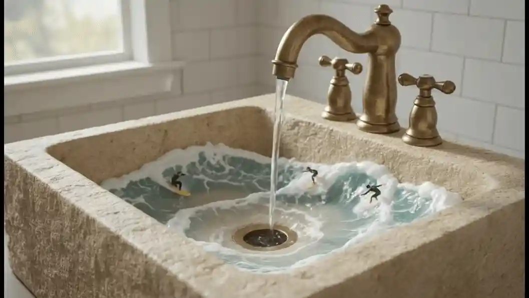 Tiny surfers circling the waves in a bathroom sink.