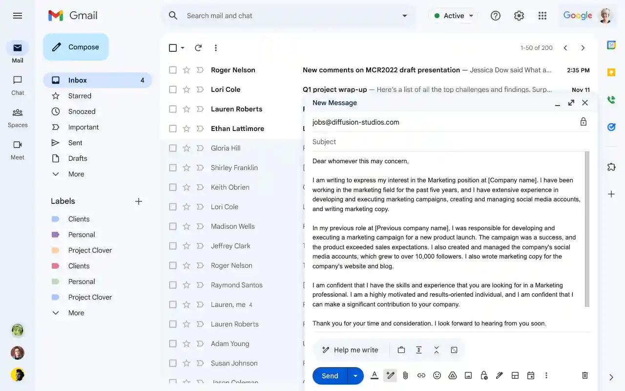 An animation showing how to use AI in Gmail to refine a cover letter draft