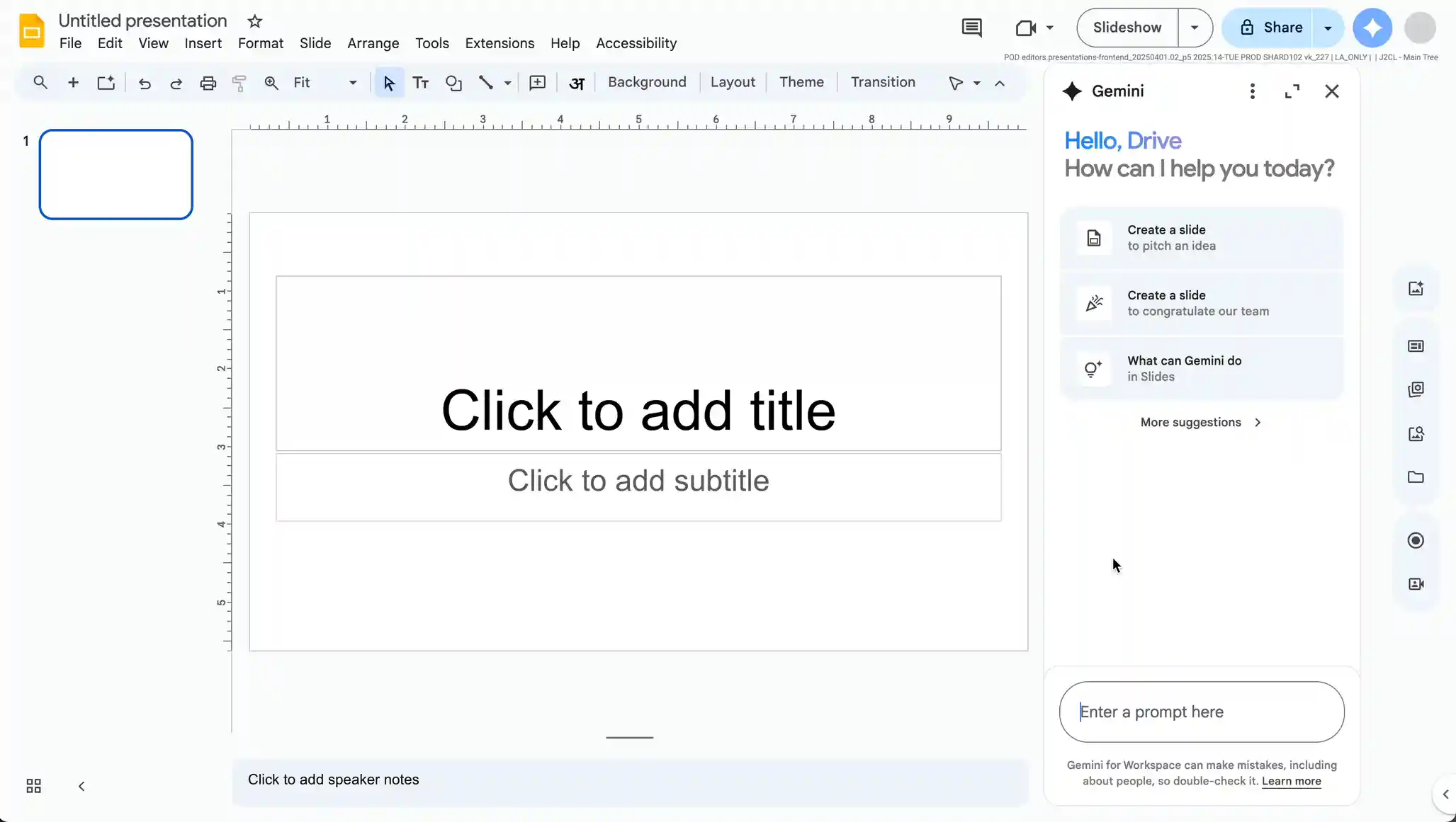 An animation showing a user asking Gemini in Slides to create a slide to show a congratulatory message to the team
