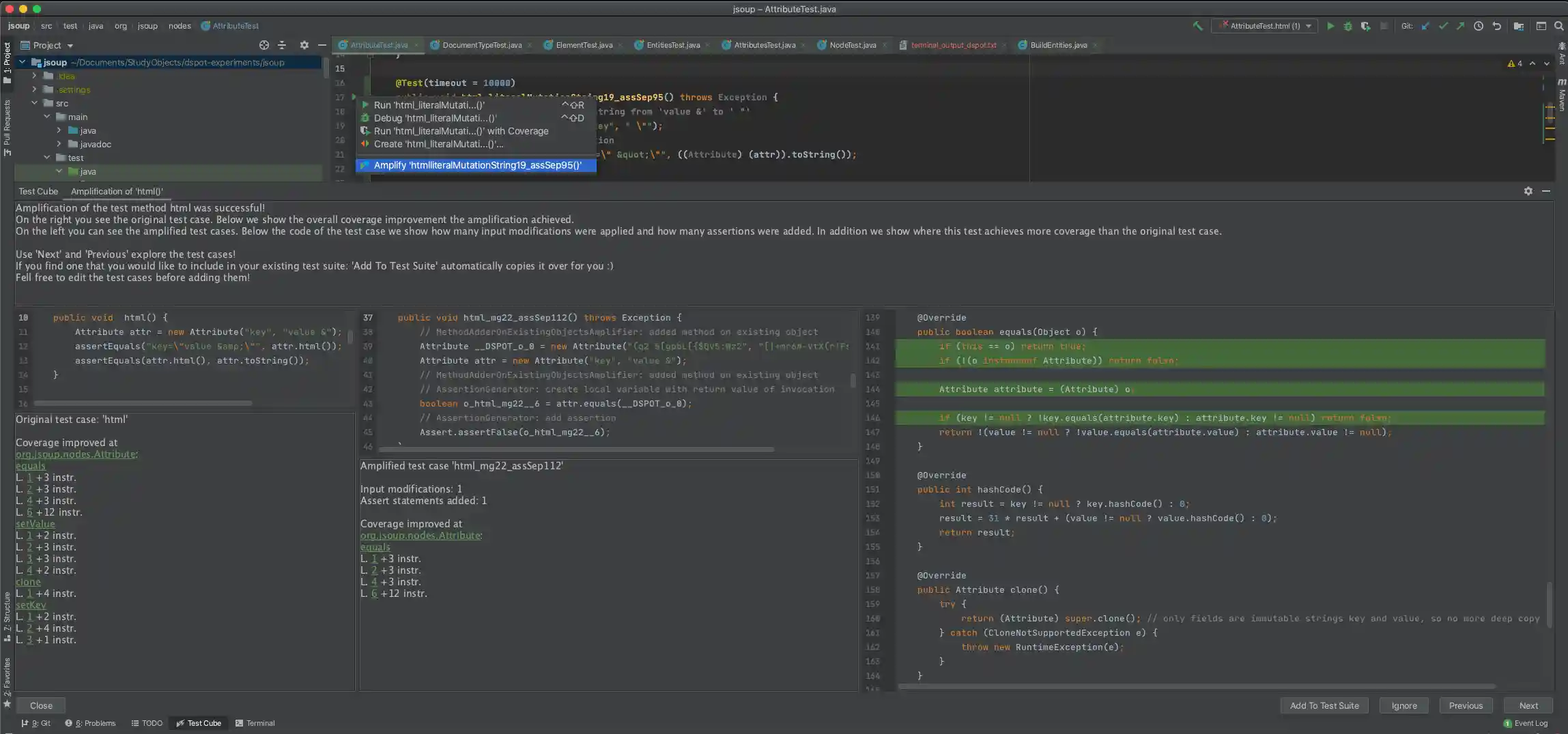 Screenshot of the Test Cube Plugin in IntellJ. Showing the instructions, the original test case, the amplified test cases and the lines where more instructions were covered