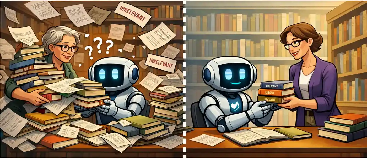 Split illustration of a librarian and a friendly robot in a library. On the left, the robot is overwhelmed by messy stacks of books and papers labelled “irrelevant.” On the right, the librarian hands the robot a small, tidy stack of relevant books, showing a more focused and efficient research process.