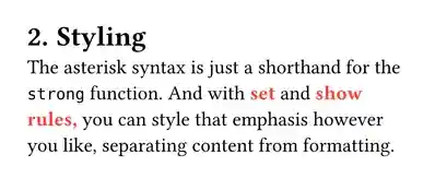 Document with the heading "2. Styling" followed by a paragraph. The word "strong" in "strong function" is displayed in a monospace font. The words "set" and "show rules" are bold and red.