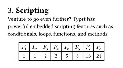 Document with the heading "3. Scripting" followed by a paragraph and a table. The table contains eight columns and two rows. The first row contains the letter F with subscripts 1 to 8 (per cell) in mathematical style. The second row contains the corresponding Fibonacci number.