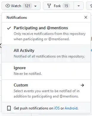 A screenshot of the Watch settings in the top-right of the GitHub Events repo.