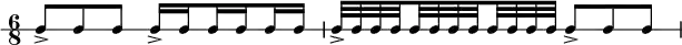 \new RhythmicStaff {
   \clef percussion
   \time 6/8
   \set Score.tempoHideNote = ##t \tempo 4 = 80
   c8-> c c
   c16-> \set stemRightBeamCount = #1 c \set stemLeftBeamCount = #1 c \set stemRightBeamCount = #1 c \set stemLeftBeamCount = #1 c c
   c32-> c c \set stemRightBeamCount = #1 c \set stemLeftBeamCount = #1 c c c \set stemRightBeamCount = #1 c \set stemLeftBeamCount = #1 c c c c
   c8-> c c
}
