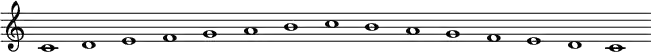 \relative c' {
c1 d1 e1 f1 g1 a1 b1 c1 b1 a1 g1 f1 e1 d1 c1
}
\layout {
   \context {
     \Staff
     \remove Time_signature_engraver
     \remove Bar_engraver
    }
 } 
\midi {
  \tempo 1 = 120
}