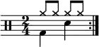 \new Staff <<
\new voice \relative c' {
\clef percussion
\numericTimeSignature
\time 2/4
\set Score.tempoHideNote = ##t \tempo 4 = 100
\stemDown \repeat volta 2 { g4 d' }
}
\new voice \relative c'' {
\override NoteHead.style = #'cross
\stemUp \repeat volta 2 { a8 a a a }
}
>>