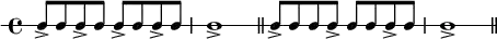 \new RhythmicStaff {
   \clef percussion
   \time 4/4
   \set Score.tempoHideNote = ##t \tempo 4 = 100
   c8-> c c-> c c-> c c-> c c1-> \bar "||"
   c8-> c c c-> c c c-> c c1-> \bar "||"
}
