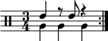 \new DrumStaff <<
\new voice \drummode {
\set Score.tempoHideNote = ##t \tempo 4 = 120
\time 3/4
\stemUp \repeat volta 2 { tommh4 r8 tommh r4 }
}
\new voice \drummode {
\stemDown \repeat volta 2 { tomfh4 tomfh tomfh }
}
>>