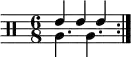 \new DrumStaff <<
\new voice \drummode {
\set Score.tempoHideNote = ##t \tempo 4 = 120
\time 6/8
\stemUp \repeat volta 2 { tommh4 tommh tommh }
}
\new voice \drummode {
\stemDown \repeat volta 2 { tomfh4. tomfh }
}
>>