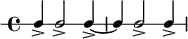 \new RhythmicStaff {
   \clef percussion
   \time 4/4
   \set Score.tempoHideNote = ##t \tempo 4 = 100
   c4-> c2-> c4->~ c c2-> c4->
}