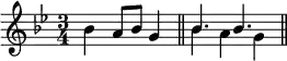 \new Staff <<
\mergeDifferentlyHeadedOn
\mergeDifferentlyDottedOn
\new voice \relative c'' {
\set Score.tempoHideNote = ##t \tempo 4 = 136
\key g \minor
\time 3/4
bes4 a8 bes g4 \bar "||"
\stemDown bes4 a g \bar "||"
}
\new voice \relative c'' {
s2.
\stemUp bes4. bes
}
>>