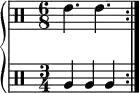 \new PianoStaff <<
\new DrumStaff <<
\drummode {
\set Staff.timeSignatureFraction = 6/8
\set Score.tempoHideNote = ##t \tempo 4 = 120
\repeat volta 2 { tommh4. tommh }
}
>>
\new DrumStaff <<
\drummode {
\set Staff.timeSignatureFraction = 3/4
\repeat volta 2 { tomfh4 tomfh tomfh }
}
>>
>>