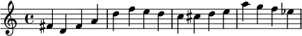 \relative c' { fis d fis a d f e d c cis d e a g f ees }