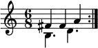 \new Staff <<
\clef treble
\time 6/8
\new Voice \relative c' {
\stemUp \repeat volta 2 { fis4 fis a }
}
\new Voice {
\stemDown \repeat volta 2 { b4. d' }
}
>>
