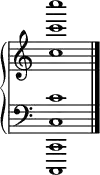 {
\override Score.TimeSignature #'stencil = ##f
\new PianoStaff <<
\new Staff \relative c' {
  \clef treble \key c \major \time 4/4
  <c' c' c'>1 \bar "|."
}

\new Staff \relative c' {
  \clef bass \key c \major \time 4/4
  <c c, c, c,>1
} >> }