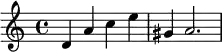 { \relative c' { \time 4/4 d4 a' c e gis, a2. } }