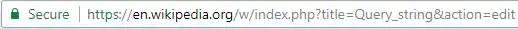 An address bar on Google Chrome showing a URL (Uniform Resource Locator) with the query string ?title=Query_string&action=edit