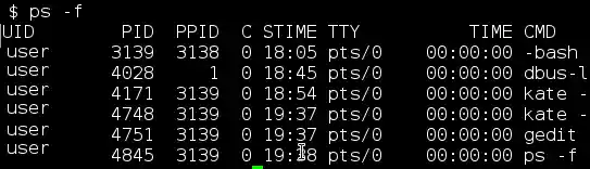 Beispiel-Ausgabe einer Unix-Shell beim Aufruf des Befehls $ ps -f