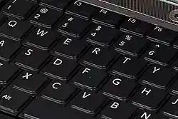 Close-up of the keys of a laptop's built-in keyboard; the keys are raised by a relatively small height
