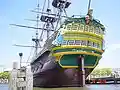 The transom stern of the 18th century Dutch East India Company cargo ship Amsterdam