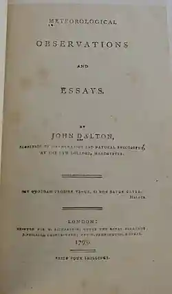 1793 copy of Dalton's first publication, "Meteorological Observations and Essays"