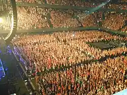 Fans at a concert with their arms stretched above their heads. The image is taken from above.