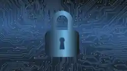 A padlock superimposed over a blue circuit board pattern.