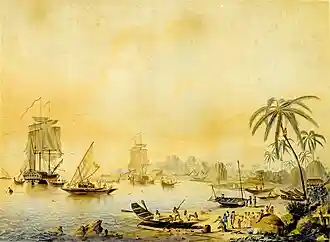 Two large wooden ships in a bay of Tahiti, with several Tahitian canoes