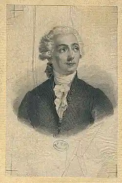A drawing of a young man facing towards the viewer, but looking on the side. He wear a white curly wig, dark suit and white scarf.