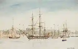 In 1837 HMS Beagle set off on a survey of Australia, and is shown here in an 1841 watercolour by Captain Owen Stanley of Beagle's sister ship HMS Britomart.